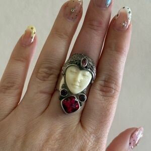 Vintage Sajen Carved Face Garnet Sterling Ring 925 Sz 7.5 Adjustable